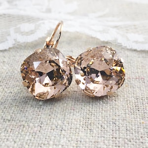 Swarovski Crystal Earrings, Dangling Leverback Earrings, Blush Pink Cushion Earrings, Faux Morganite Rose Gold Earrings, Bridal Earrings