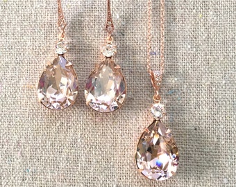 Swarovski Crystal Vintage Rose Rose Gold Earrings Necklace Set Pavé Detail Bridal Wedding Jewelry Necklace Set Bridesmaids Gifts Blush Pink