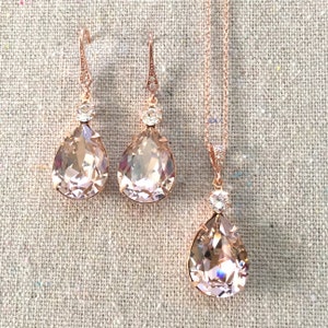 Swarovski Crystal Vintage Rose Rose Gold Earrings Necklace Set Pavé Detail Bridal Wedding Jewelry Necklace Set Bridesmaids Gifts Blush Pink image 1