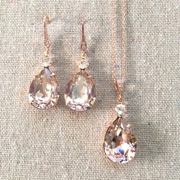 Swarovski Crystal Vintage Rose Rose Gold Earrings Necklace Set Pavé Detail Bridal Wedding Jewelry Necklace Set Bridesmaids Gifts Blush Pink