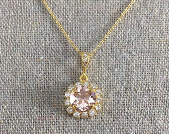 Swarovski Crystal Necklace, Blush Pink Gold Necklace, Crystal Pave Halo, Faux Morganite Necklace, Bridal Jewelry, Bridesmaids Gifts,