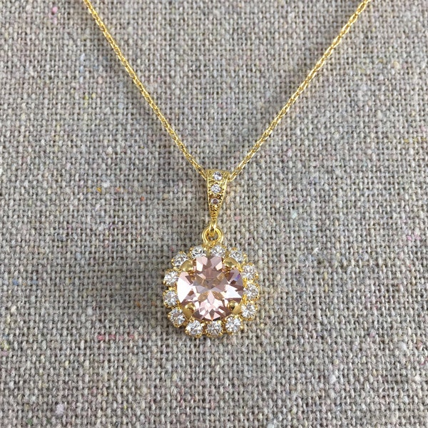 Swarovski Crystal Necklace, Blush Pink Gold Necklace, Crystal Pave Halo, Faux Morganite Necklace, Bridal Jewelry, Bridesmaids Gifts,