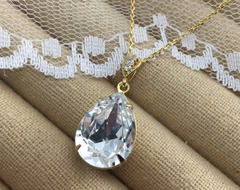Swarovski Crystal Faux Diamond Teardrop Gold Necklace, Simple Bridal Jewelry, Wedding Necklace, Bridesmaids Gifts, Tear Pendant