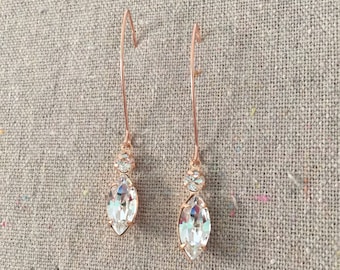 Swarovski Crystal Earrings, Crystal Bridal Earrings, Faux Diamond Marquise Earrings, Rose Gold Wedding Earrings, Long Dangling Earrings