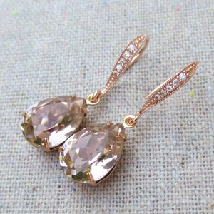 Swarovski Crystal Blush Pink Rose Pear Tear Stone Rhinestone Dangling Delicate Bridal Wedding Rose Gold Cubic Zirconia Bridal Earrings