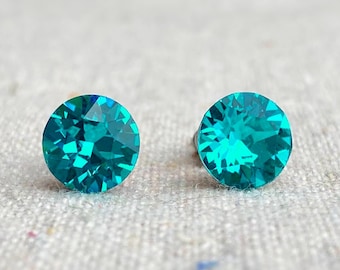 Swarovski Teal Crystal Invisible Surgical Steel Silver Post Earrings Round Brilliant Chatons Bridesmaids Ask Gifts Hypoallergenic