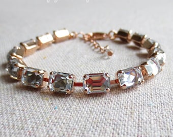 Swarovski Clear Faux Diamond Baguette Octagon Crystal Rose Gold Tennis Bracelet Wedding Bridal Jewelry Bridesmaid Gifts
