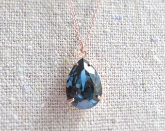 Swarovski Crystal Pendant Necklace | 14x10mm Montana Pear | Adjustable Length | N0051