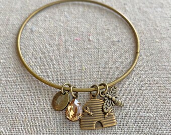 Swarovski Crystal Honey Bee Mine Bangle, Bee Charm Bangle Bracelet, Hand Stamped Initial Monogram Charm, Personalized Gift for Her