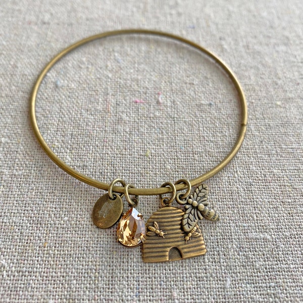 Swarovski Crystal Honey Bee Mine Bangle, Bee Charm Bangle Bracelet, Hand Stamped Initial Monogram Charm, Personalized Gift for Her