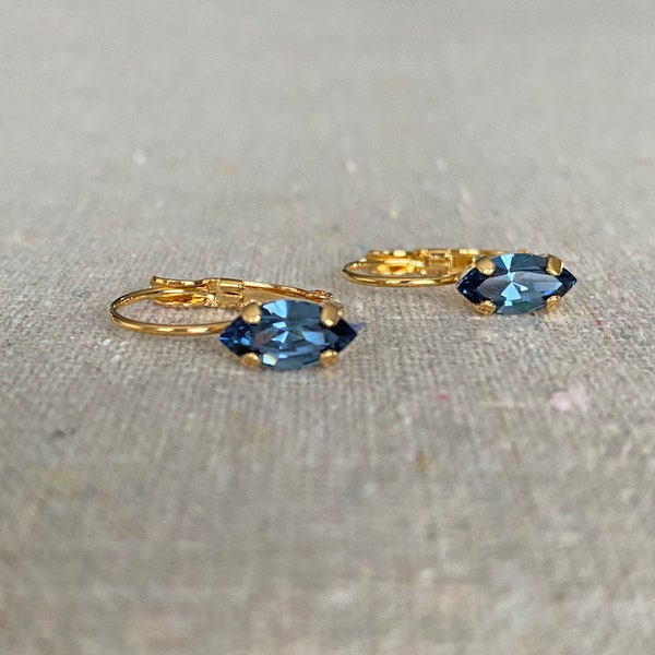 Swarovski Crystal Marquise Leverback Denim Blue Earrings • Something Blue Bridal • Delicate Dangling Earrings • 14k Gold Rose Gold Silver