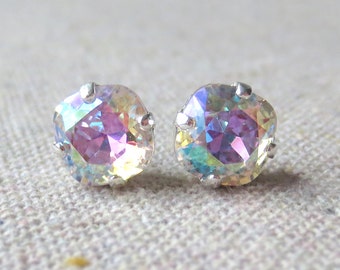 Swarovski Crystal Stud Earrings | 8mm Crystal AB Cushions | Surgical Steel Posts | E0080