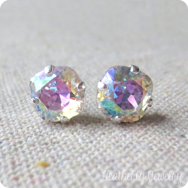 Swarovski Crystal Earrings, 8mm Cushion Cut Posts, Iridescent Studs, Bridal Wedding Jewelry, Gold Rose Gold Silver, Crystal AB