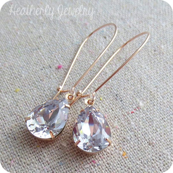 Swarovski Pale Mauve Pear Crystal Long Dangling Teardrop Tear Drop Rose Gold Yellow Gold Silver Bridal Earrings Wedding Bridesmaids Gifts