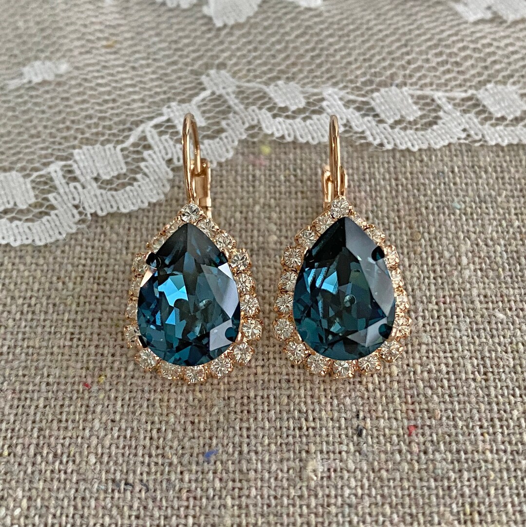 swarovski-crystal-earrings-navy-blue-pear-crystal-halo-leverbacks