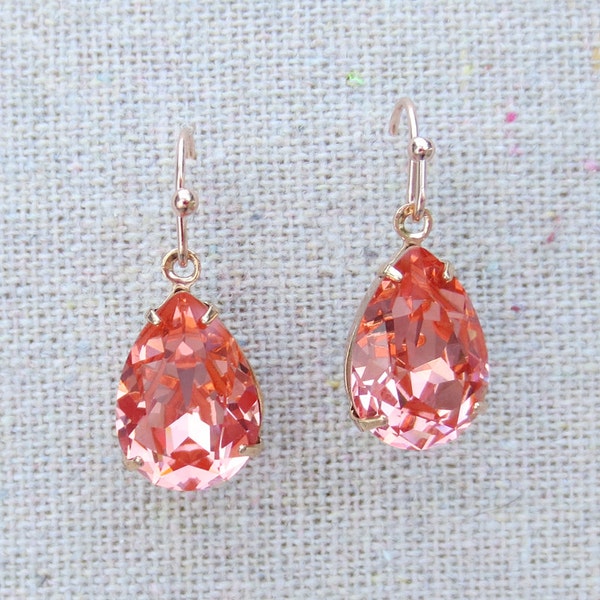 Swarovski Crystal Rose Peach Teardrop Simple Delicate Dangling Rose Gold Bridal Earrings Wedding Jewelry Bridesmaids Gifts Light Coral