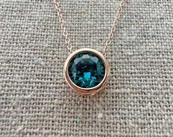 Swarovski Crystal Pendant Necklace | 8mm Indicolite Xirius Chaton | Sliding Pendant on Adjustable Chain | N0267