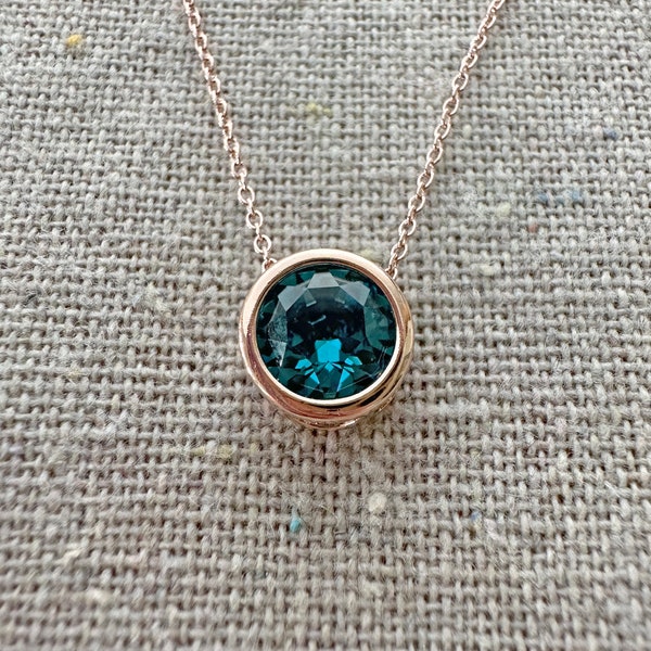 Swarovski Crystal Necklace, Indicolite Xirius 8mm Chaton Slider Pendant, Delicate Bridal Cable Chain Adjustable, Gold Rose Gold Silver