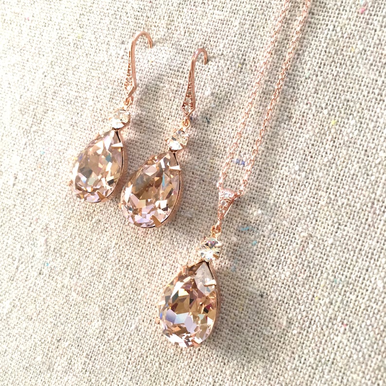 Swarovski Crystal Vintage Rose Rose Gold Earrings Necklace Set Pavé Detail Bridal Wedding Jewelry Necklace Set Bridesmaids Gifts Blush Pink image 7