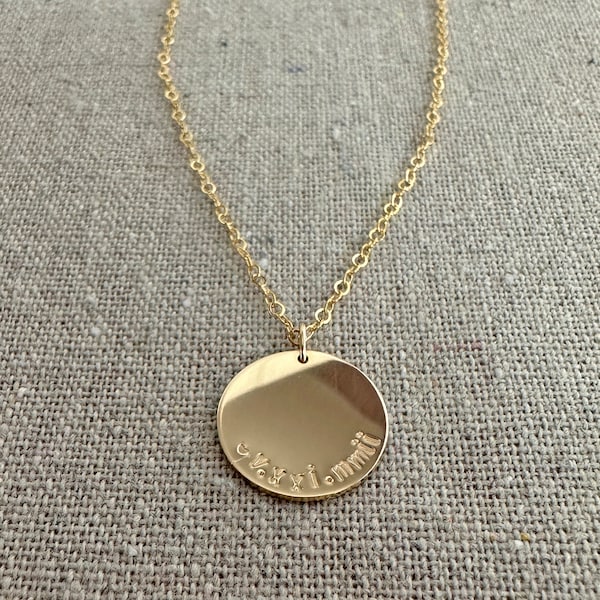14k Gold Filled Stamped 16mm Disc Necklace, Roman Numerals, Birthday Wedding Anniversary Coin Charm, 14k Rose Gold Filled or Sterling Silver