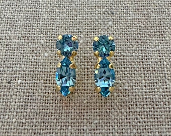 Swarovski Crystal Earrings, Xirius + Marquis Bar Posts, Dainty Studs, Aquamarine Rhinestones, 14k Gold Rose Gold or Silver, Bridal Earrings