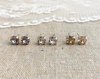 Swarovski Crystal Rose Gold Post Earrings, Mauve Studs, Champagne Studs, Small Brilliant Earrings, Bridesmaid Gifts, Flower Girl Gifts