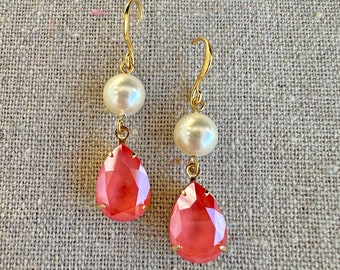 Swarovski Crystal Dangling Earrings | 14x10mm Light Coral Pears & Crystal Pearls | Drop Earrings | E0066