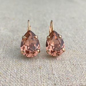 Swarovski Crystal Earrings, 14x10mm Pear Cut Blush Rose Leverbacks, Dangling Drop Bridal, Teardrop Bridesmaids Gifts, Gold Rose Gold Silver