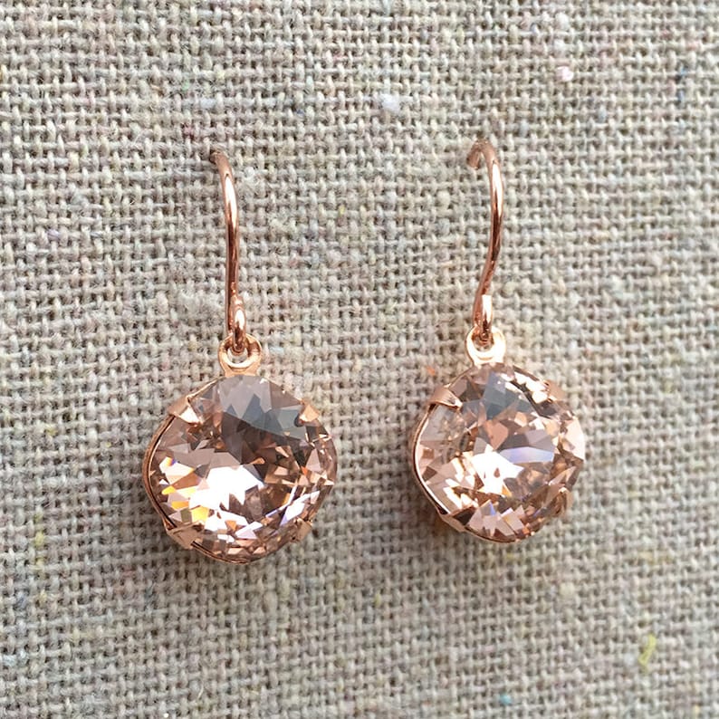 Swarovski Crystal Blush Pink Cushion Cut Rose Gold Dangling Bridal Earrings Bridesmaids Gifts Wedding Jewelry Brides Faux Morganite Earrings image 5