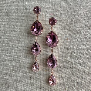 Swarovski Crystal Duster Earrings, Long Dangling Pear Earrings, Antique Pink Bridal Earrings, Rose Gold Teardrop Wedding Earrings