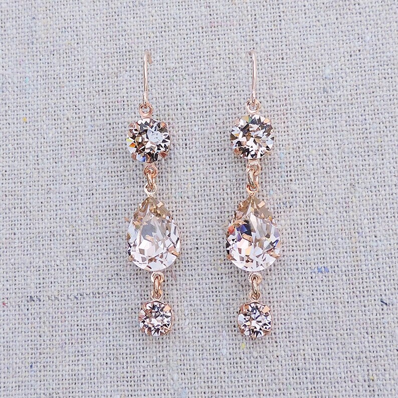 Swarovski Crystal Blush Pink Teardrop Simple Delicate Dangling Morganite Rose Gold Bridal Earrings Wedding Jewelry Bridesmaids Gifts image 4