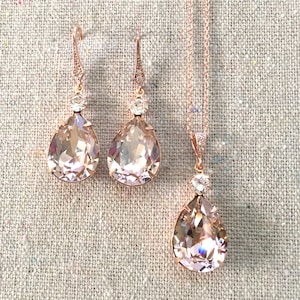 Swarovski Crystal Vintage Rose Rose Gold Earrings Necklace Set Pavé Detail Bridal Wedding Jewelry Necklace Set Bridesmaids Gifts Blush Pink image 6