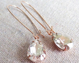 Swarovski Silver Shade Pear Crystal Long Dangling Teardrop Tear Drop Rose Gold, Gold, Silver Bridal Earrings Wedding Bridesmaids Gifts