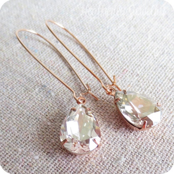 Swarovski Silver Shade Pear Crystal Long Dangling Teardrop Tear Drop Rose Gold, Gold, Silver Bridal Earrings Wedding Bridesmaids Gifts