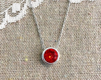 Swarovski Crystal Red Necklace, Light Siam Silver Necklace, Small Delicate Layering Necklace, Round Slider Pendant, Bridesmaids Gifts
