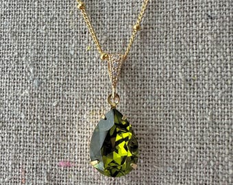 Swarovski Crystal Pendant Necklace | 14x10mm Olivine Pear | Adjustable Length | N0141