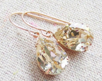 Swarovski Crystal Champagne Teardrop Simple Delicate Dangling Rose Gold Bridal Earrings Wedding Jewelry Bridesmaids Gifts