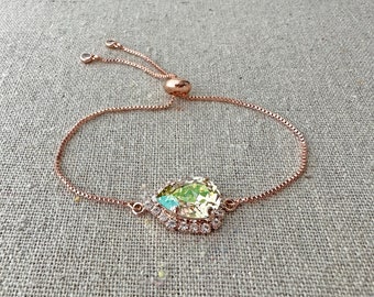 Swarovski Crystal Bracelet, Pear Cut Luminous Green Halo Sliding Clasp Box Chain, Gold Rose Gold Silver, Rhinestone Bridal Wedding Jewelry