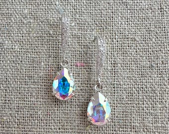 Swarovski Crystal Dangling Earrings | 10x7mm Crystal AB Pears | Zirconia Pave Hooks | E0475
