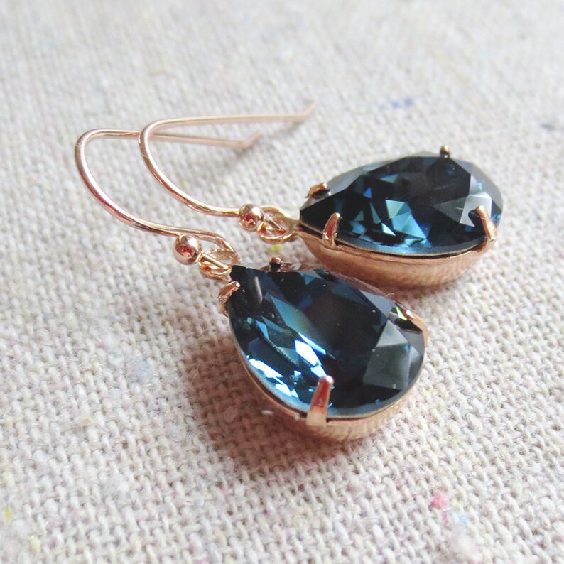 Montana Swarovski Crystal Pear Dangling Earrings, Gold Rose Gold Silver, Wedding Bridesmaids Personalized Gifts, Navy Blue Drop Earrings image 6