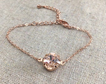 Swarovski Crystal Blush Bridal Bracelet, 10mm Cushion Blush Pink , Gold Silver Rose Gold Chain Adjustable Bracelet, Bridesmaids Gifts