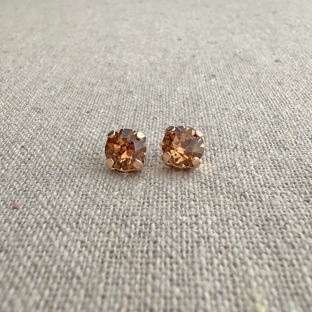 Swarovski Crystal Rose Gold Post Earrings, Xirius 6mm Light Smoked Topaz Studs, Small Chaton