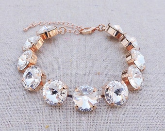 Swarovski Crystal Faux Diamond Spike Cut Round Chaton Rivoli Rose Gold Adjustable Bracelet Wedding Bridal Jewelry Bridesmaid Gifts