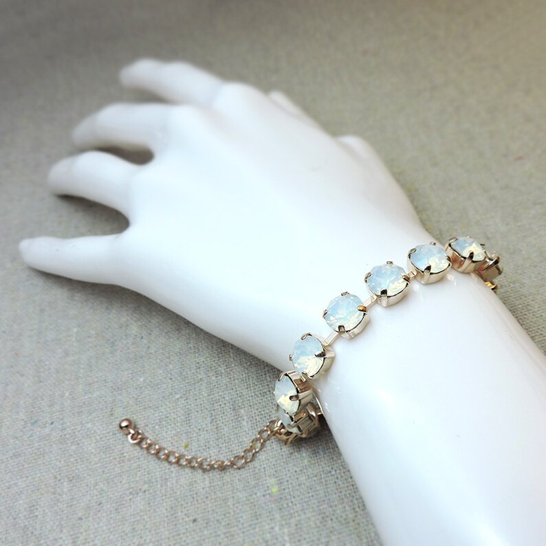 Swarovski Crystal Tennis Bracelet, White Opal Xirius Chaton, 14k Gold Silver Rose Gold Adjustable Bracelet, Bridal Jewelry, Custom Colors image 4