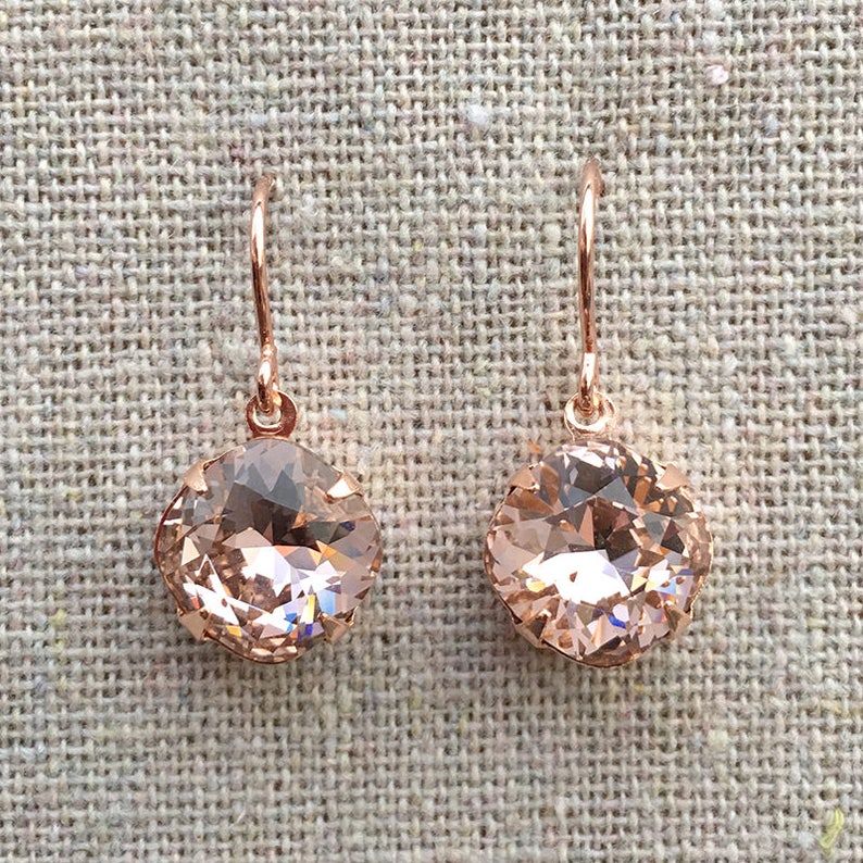 Swarovski Crystal Blush Pink Cushion Cut Rose Gold Dangling Bridal Earrings Bridesmaids Gifts Wedding Jewelry Brides Faux Morganite Earrings image 1