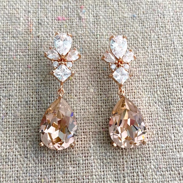 Swarovski Crystal Blush Pink Teardrop Dangling Bridal Earrings, Cubic Zirconia Post Earrings, Dangle Wedding Earrings, Bridesmaids Gifts