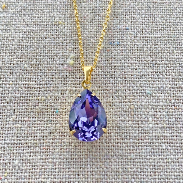 Swarovski Tanzanite Crystal Necklace Teardrop Bridal Jewelry Wedding Necklace Bridesmaids Gifts Tear Pear Pendant Gold Rose Gold or Silver