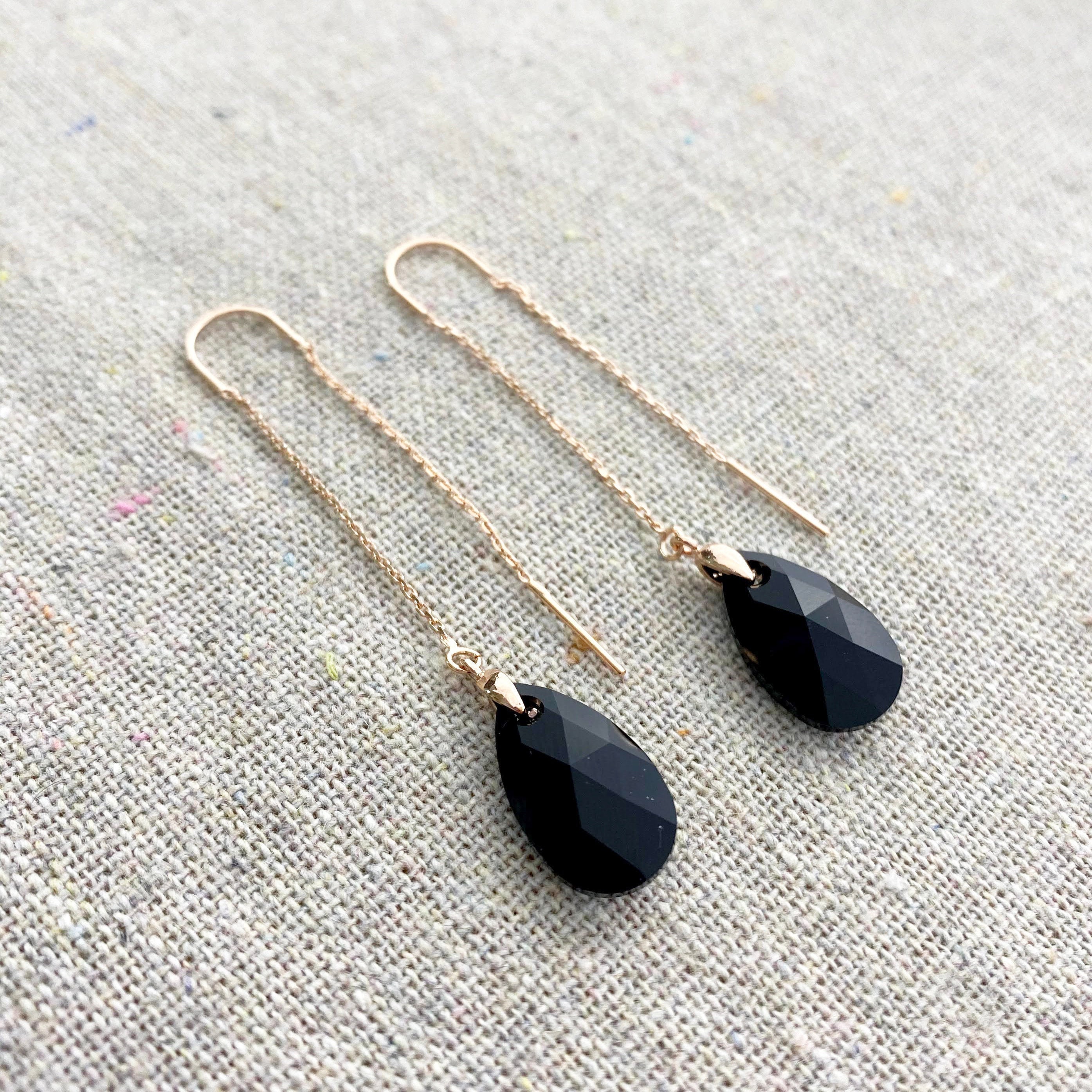 Swarovski Crystal Dangling Earrings 16mm Jet Teardrops Long Delicate Threaders E0258