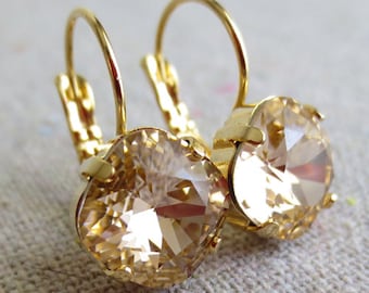 Swarovski Crystal Leverback Dangling Earrings, 10mm Cushion Cut Square Light Peach, 14k Gold Rose Gold Silver, Bridal Wedding Bridesmaids