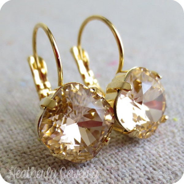 Swarovski Crystal Leverback Dangling Earrings, 10mm Cushion Cut Square Light Peach, 14k Gold Rose Gold Silver, Bridal Wedding Bridesmaids